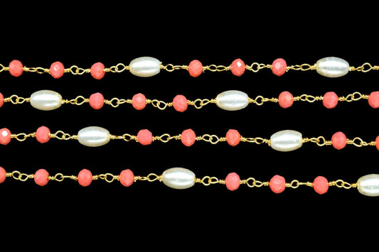 Red Coral Hydro Faceted Rondelle Beaded Rosary Chain,Finding Wire Wrap Chain,Pearl Rosary Chain,Gold Plated Rosary Chain,Jewelry Making Gift