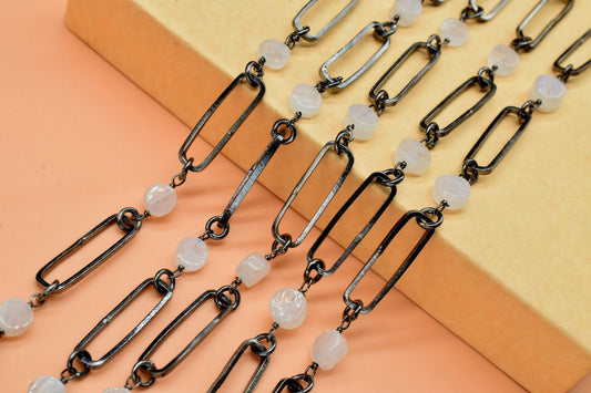 Foot Rainbow Moonstone Black Rosary Chain, Connector Chain by foot, Rainbow Moonstone Connector Chain, Bezeled Chain,Finding Connector Chain