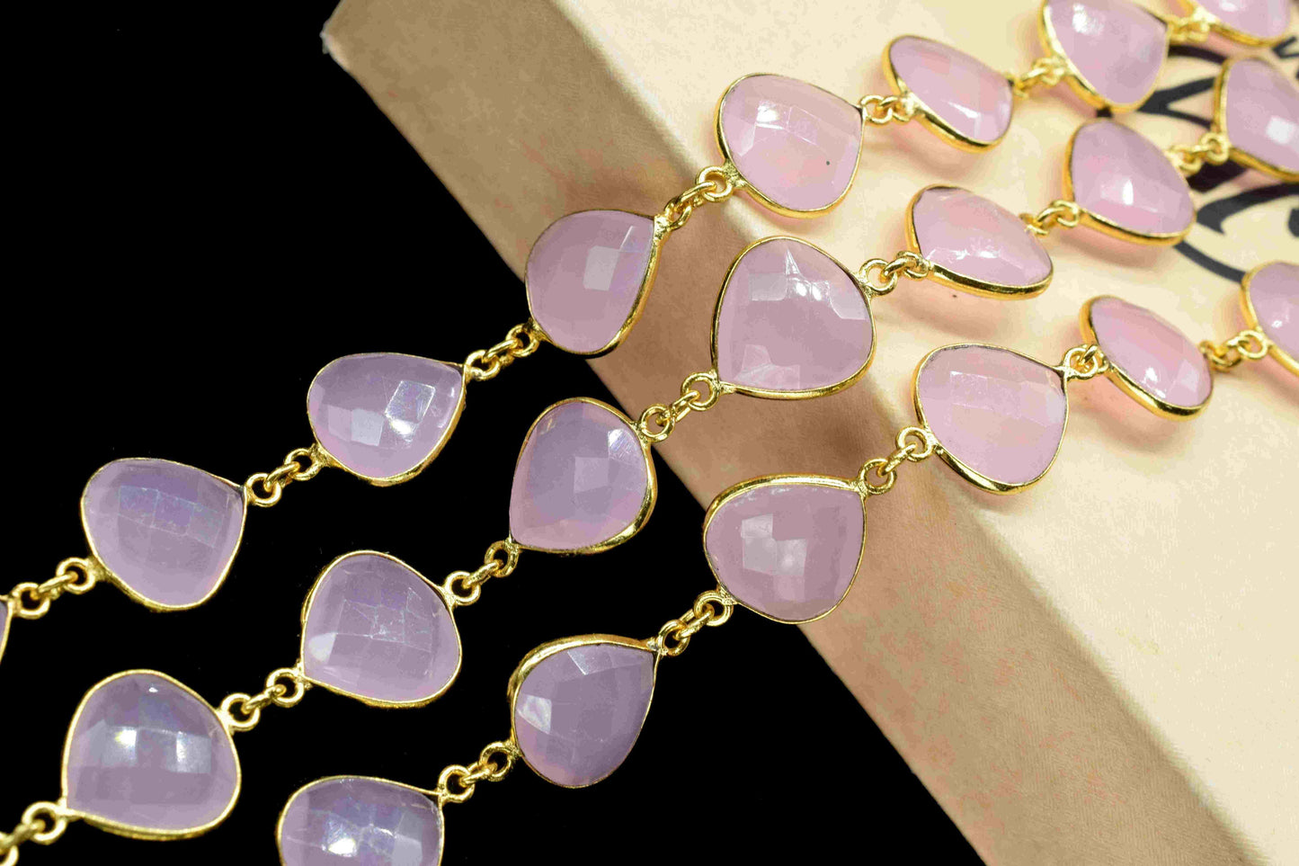 Rose Quartz Gold Plated Bezels Chain, 12mm Heart Shape Bezels Chain, Rose Quartz Briolette Faceted Connectors Chain, Gemstone Bezels Jewelry