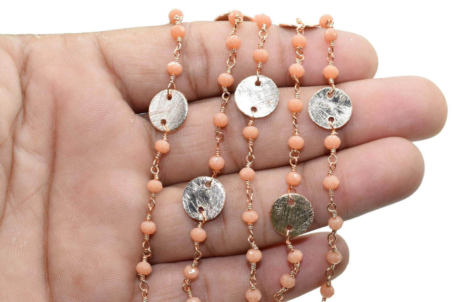 Peach Agate 3mm Beaded Chain,Peach Agate Rosary Chains,Peach Agate Gold Plating Wire Wrap Chain,Brass chain Jewelry,circle charms chain,