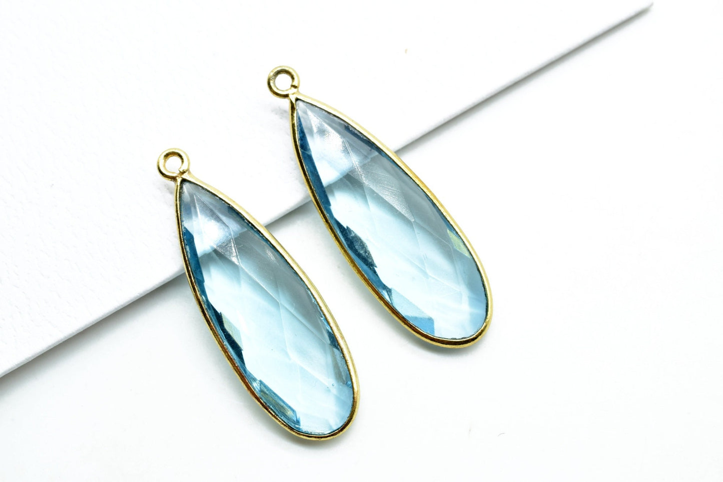 Sky Topaz 10x30mm Bezel charm,Brass Gold Plated bezel,Sky Topaz Pendant,Teardrop,Light Gold Bezel Trim Edge Faceted Gemstone,Sky Topaz charm
