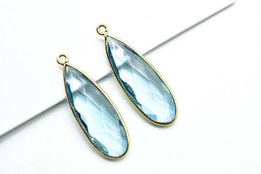 Sky Topaz 10x30mm Bezel charm,Brass Gold Plated bezel,Sky Topaz Pendant,Teardrop,Light Gold Bezel Trim Edge Faceted Gemstone,Sky Topaz charm