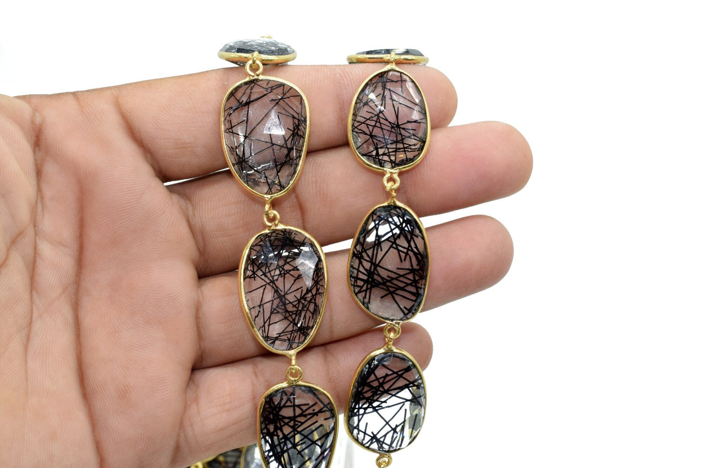 Black Rutile Gold plated Bezel Connector Chain,Black Rutile Faceted Bezel Link Chain,Black Rutile Free form bezel connector chain,jewelry
