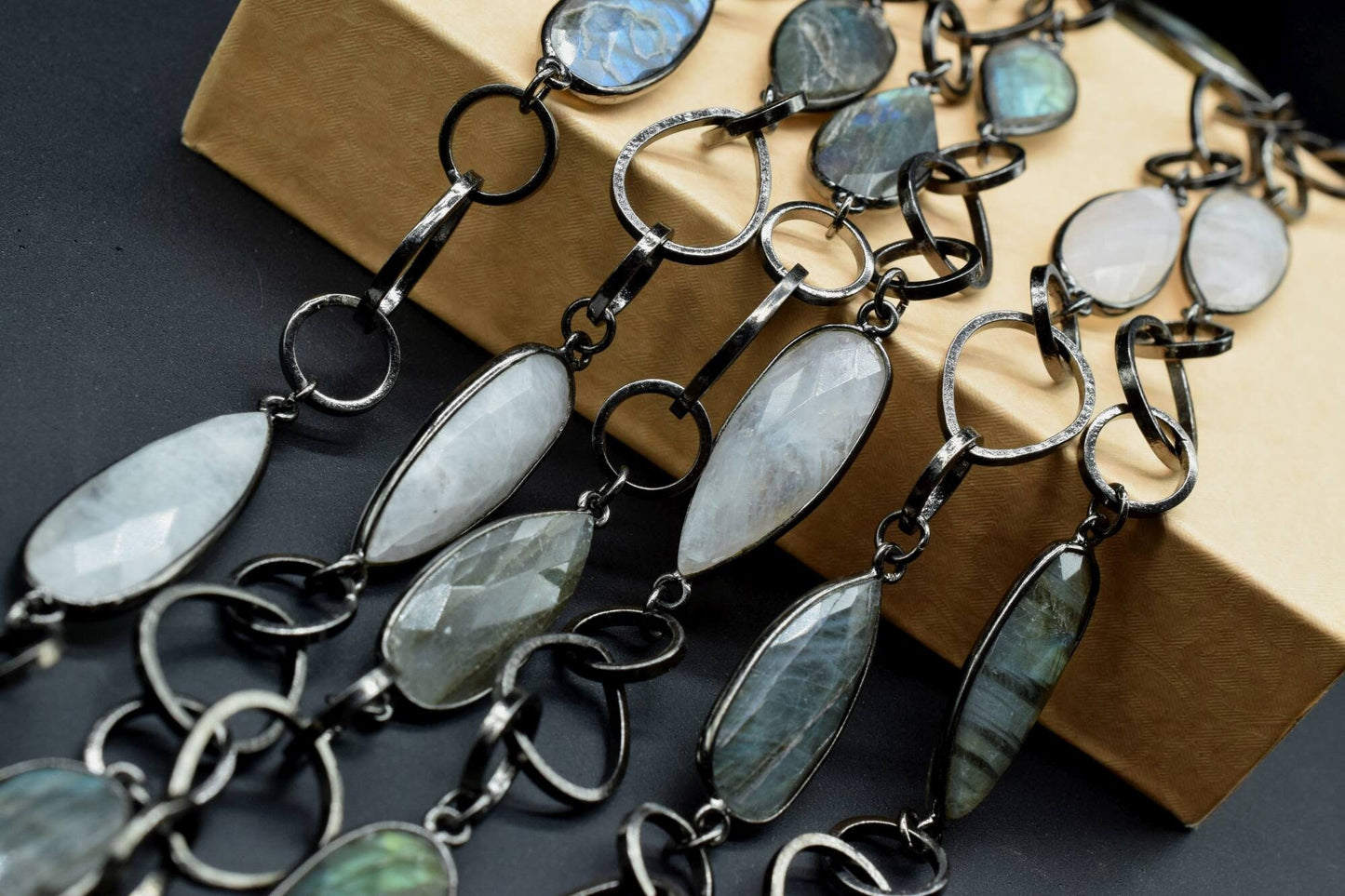 Blue Flashy Labradorite & Moonstone 10x30mm long briolette connector link Chain Natural Labradorite Bezel Chain,Labradorite Chain,Labradorit