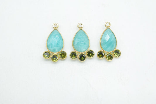Amazonite 10x14mm Pear shape Bezel charms,Amazonite Pendant,Gemstone connector,Amazonite Charms Jewelry,Cubic zirconia Bezel charm,p011