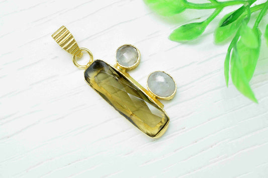 Multi Stone Pendant, Smoky Quartz Faceted Pendant, Multi Stone Smoky Quartz Jewelry, Gemstone Pendant,Loop Pendant Jewelry,Moonstone Jewelry