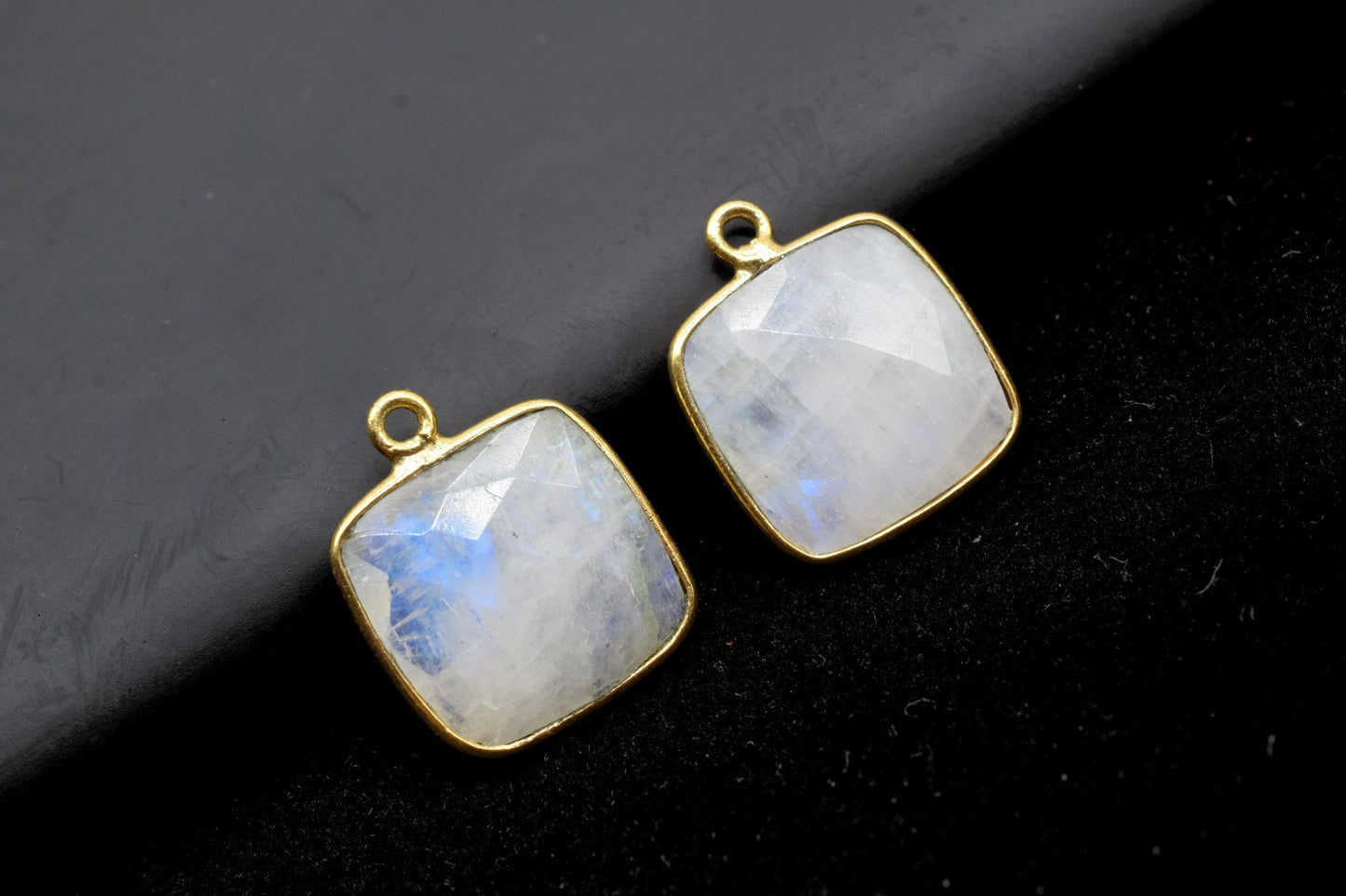 Moonstone 14mm Cushion Bezel charm,Elegant Moonstone Gemstone Components Cushion Shape Connectors,Single Bail Over Brass Gold Edge Jewelry