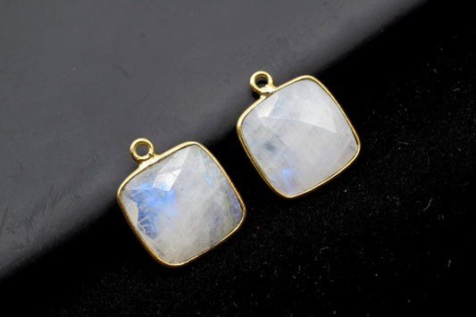 Moonstone 14mm Cushion Bezel charm,Elegant Moonstone Gemstone Components Cushion Shape Connectors,Single Bail Over Brass Gold Edge Jewelry