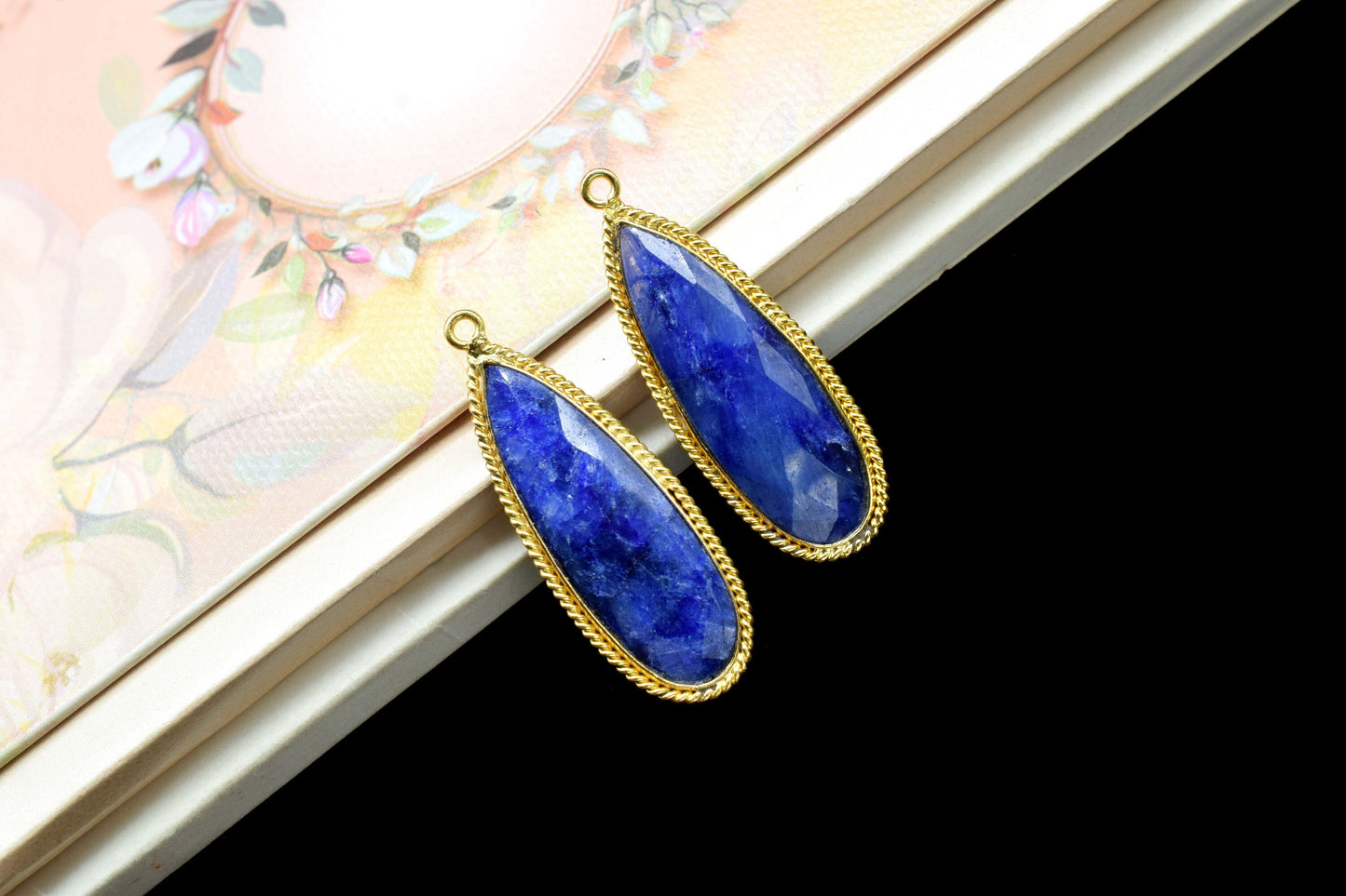 Blue Sapphire Faceted 10x30mm Pear Shape Charm,Sapphire Gold Plated Charms Pendant,Blue Sapphire Connectors,Sapphire Single Bail Connector