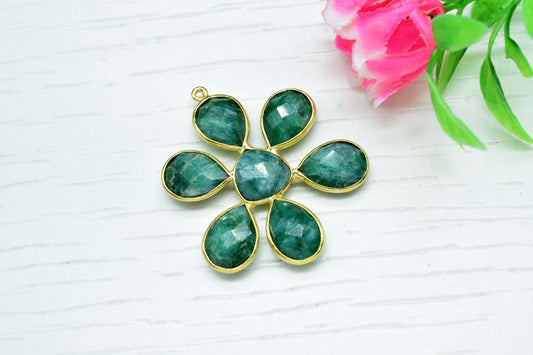 Emerald pendant,May birthstone pendant,Handmade Jewelry Gift,Yellow Gold Handmade Natural Green Gemstone Pendant,single loop,floral,multi