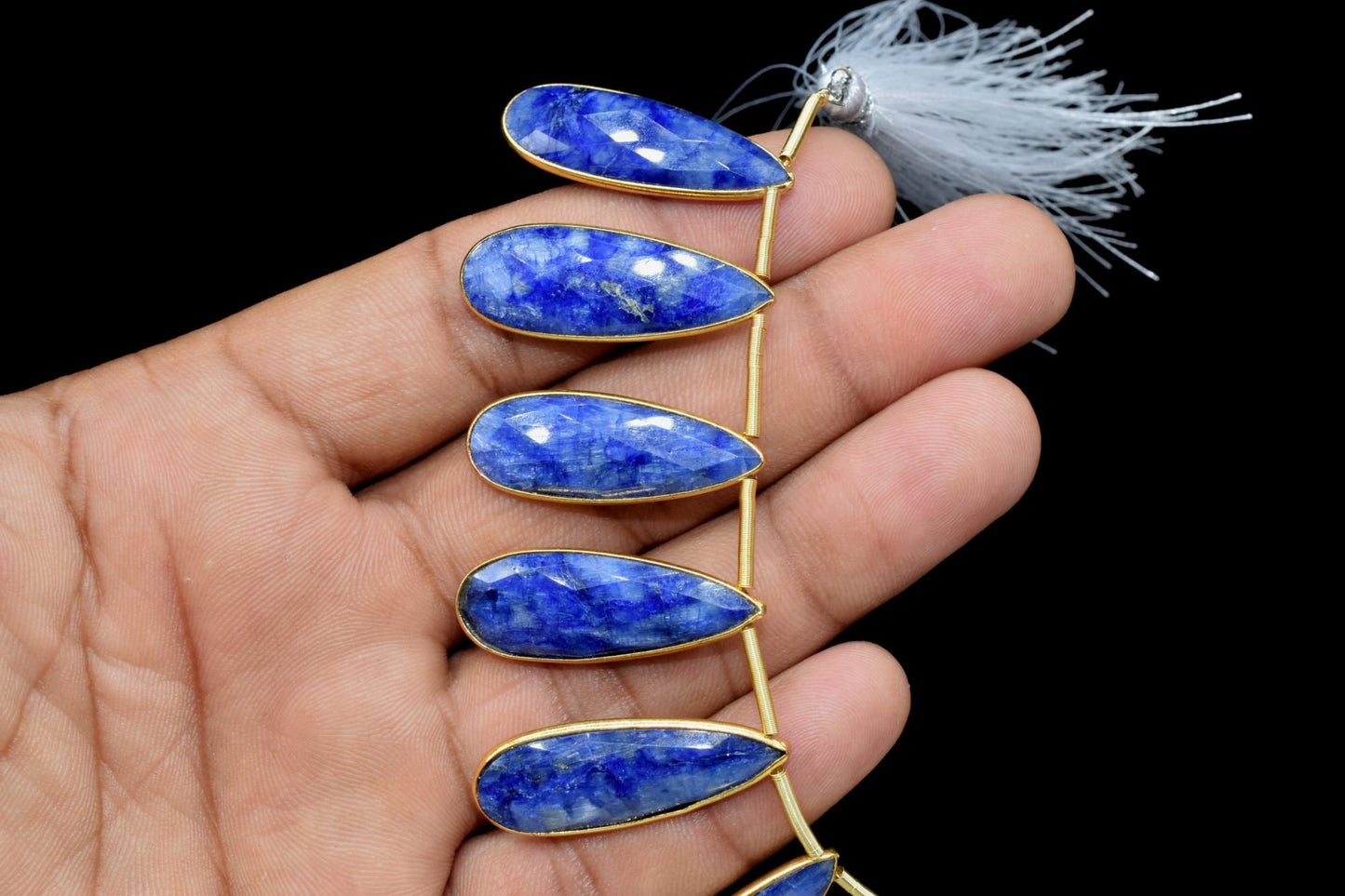 Blue Sapphire 10x30mm Bezel charm 7 pieces strand,Brass Gold Plated bezel,Teardrop Light Gold Bezel Trim Edge Faceted Gemstone,bezel strands