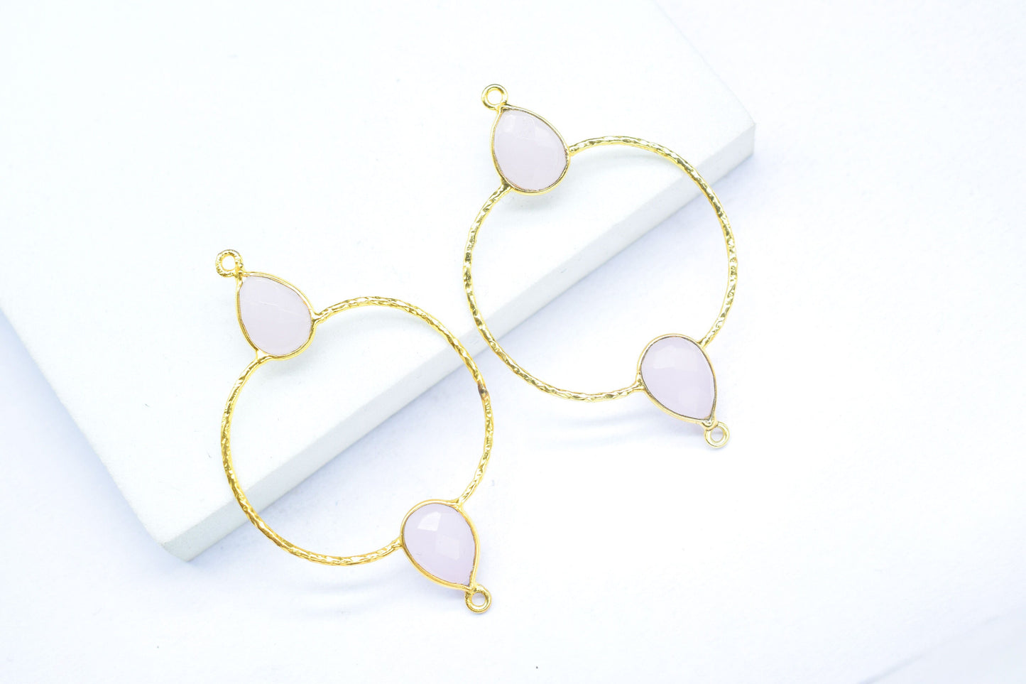 Rose Quartz Double Bail Bezel Connector,Gold Plated Earring Connector,Gemstone DIY Components,Rose Quartz Pear Shape Bezel Connector,Gifts