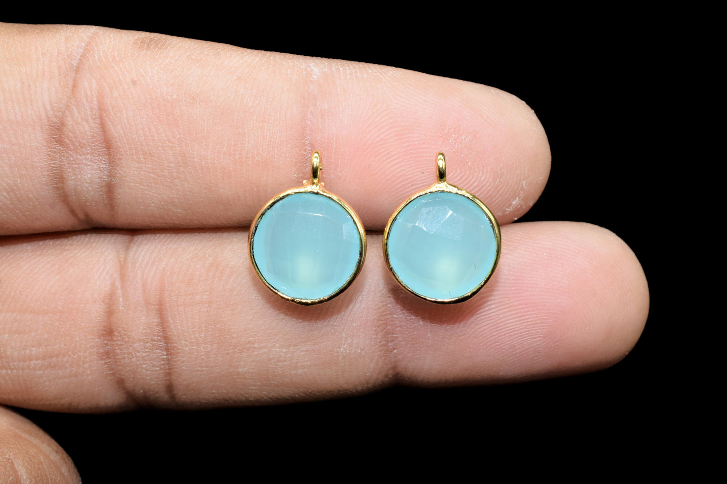 Aqua Chalcedony 10mm Earring connector Stud post setting with loop hoop open bail,Hot Aqua Chalcedony Round Gold Plated Earring With Loops