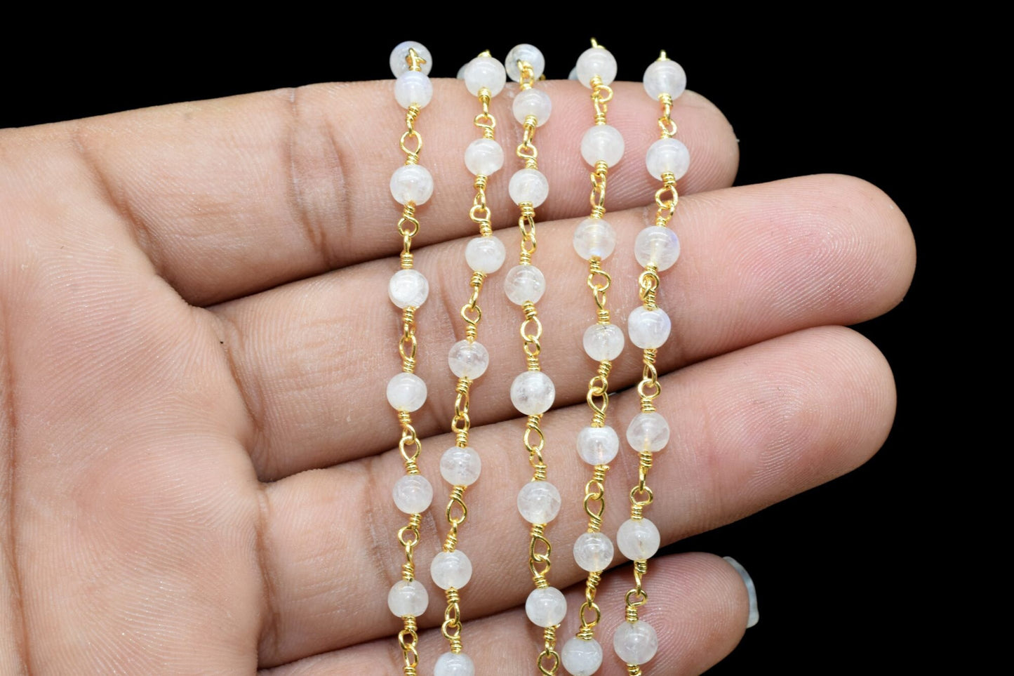 Moonstone 4mm Round Beaded Chain,Rainbow Moonstone Gold Rosary Chain,Gemstone Chains By the Foot for Rosary Necklace,Rosary Roll Bulk pirce