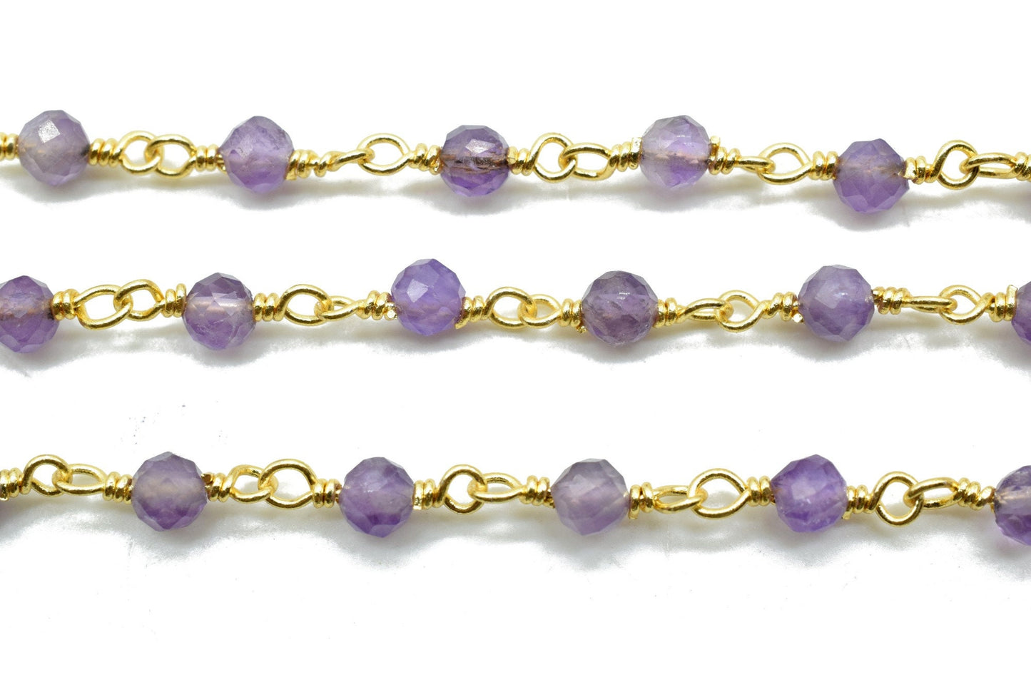 Amethyst 3mm Beaded Chain,Amethyst wire wrapped rosary chain,Roundel Faceted Gold Plated Beaded Rosary Chain,Beautiful Amethyst Beaded Chain