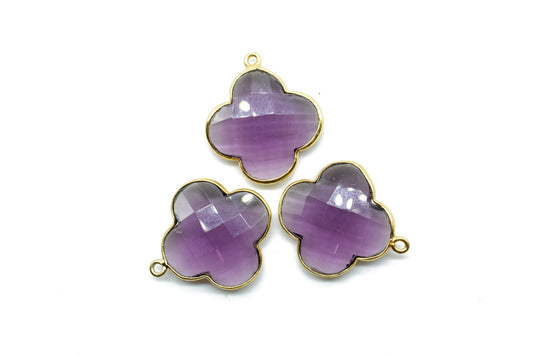 Amethyst 20mm Clover Shape Connector,Gold Plated Single Bail Gemstone Connector,Faceted Clover Shape Gemstone Bezel,Clover Charm Pendants