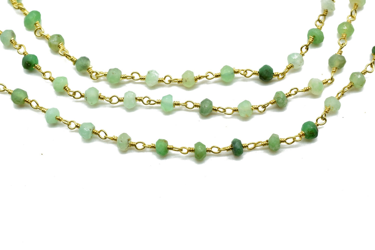 Chrysoprase 3mm Beaded Chain,Gemstone Gold Plated Wire Wrapped Rosary Chain In Brass, beaded Rosary Chains, Handmade Jewelry Making Chains