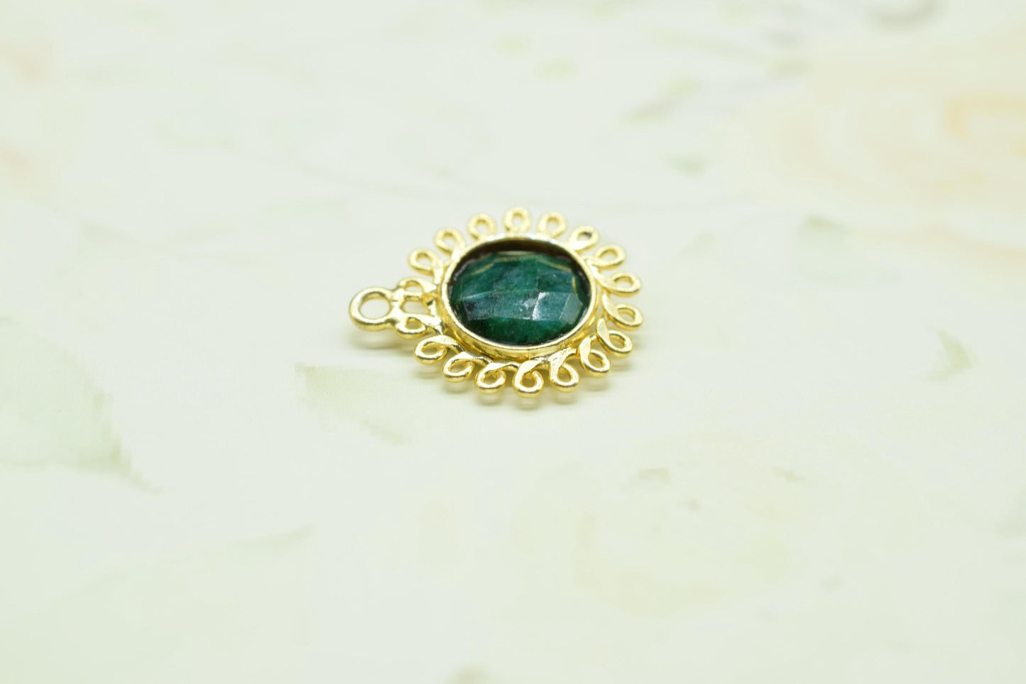 Natural Emerald 10mm Round Bezel Charm,Gemstone Brass Component,Single Bail Pendant,Round Faceted charms,Handmade Jewellery Connector,Gift