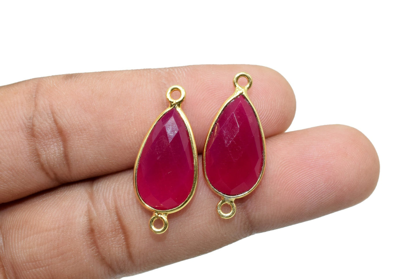 Pink chalcedony 10x18mm Pear shape double loop connectors,Checker Board cut Pink Chalcedony Pendant,Hot Pink charms,Fuchsia Pink Chalcedony