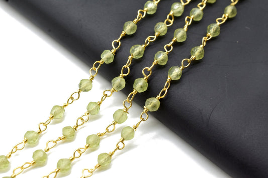 Peridot 3mm Beaded Chain,Faceted Peridot Rosary Style Beaded Chain, Premier quality Non Tarnish Chain in Gold,Beaded Chain -Chain PER FOOT