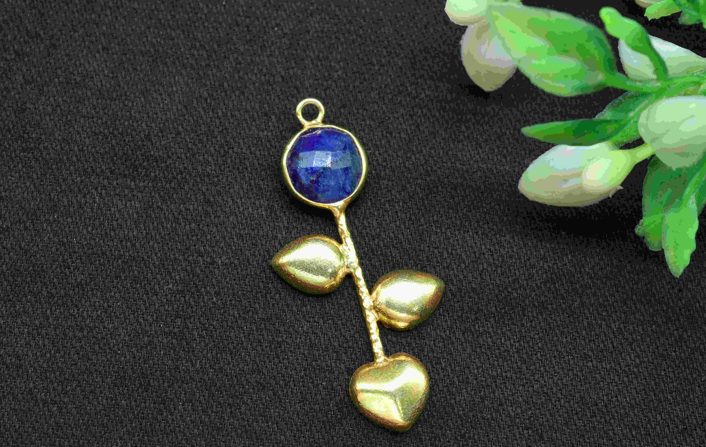 Sapphire Round Shape Pendant , Sapphire  Single Bail Charms  , Genuine Gemstone Charms , Gold Plated Gemstone Connectors , Summer Collection