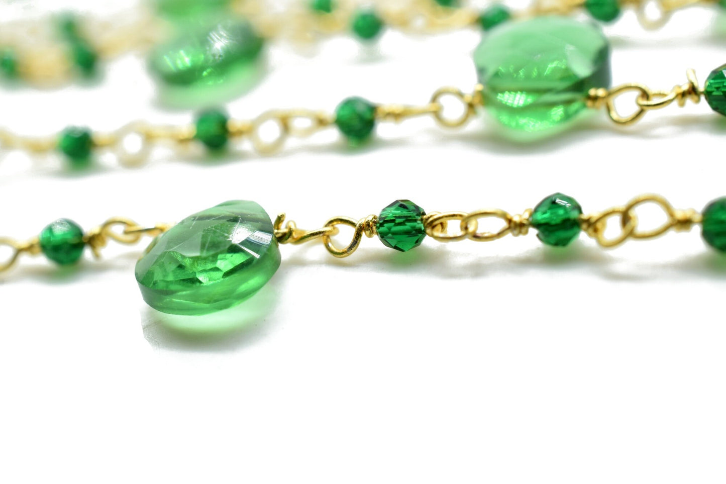 Emerald 2mm Beaded & Heart shape Chain,Wrapped Rosary Chain,Sapphire Briolette rosary chain,Brass Gold Plated Sold Per Foot Wholesale price