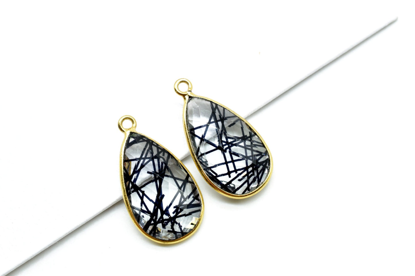 Black Rutile 12x20mm Pear shape charm,Rutile Pear pendant,Rutile Gold Plated bezel,jewelry making charm craft,Rutile Birthstone charm,jewels
