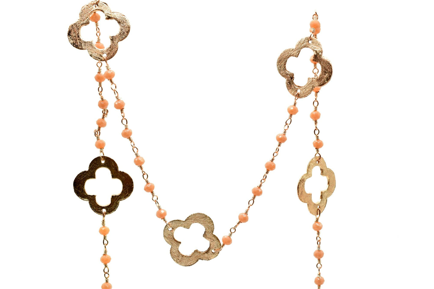 Peach Agate 3mm Beaded Chain,Peach Agate Rosary Chains,Peach Agate Gold Plating Wire Wrap Chain,Brass chain,charm rosary,clover rosary chain