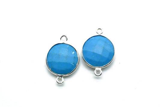 Natural Turquoise 14mm Round double bail connectors,Turquoise Pendant,Faceted Turquoise bezel link,Gemstone Charm,Gemstone Pendant, charms
