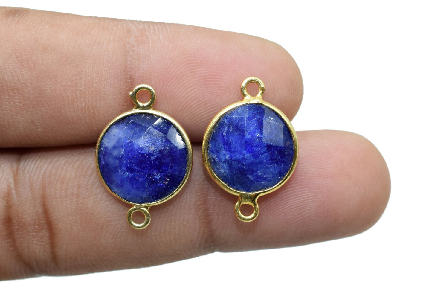 Genuine Blue Sapphire 12mm Round double bail connectors,Sapphire Round Gold Plated bezel,Jewelry making charms,Sapphire Brass connectors,