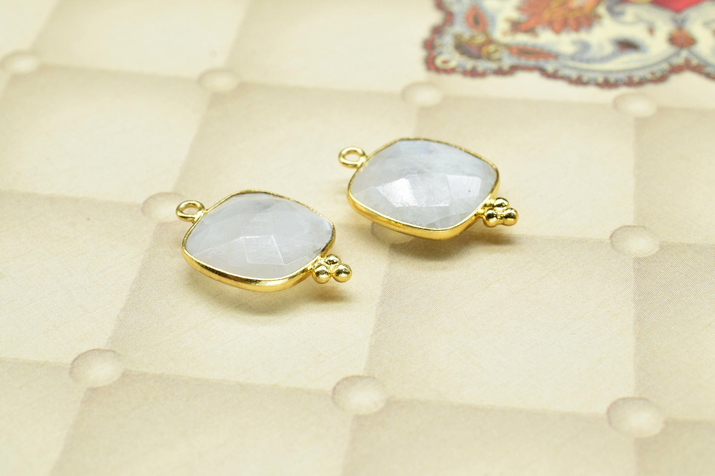 Rainbow Moonstone 14mm Cushion Bezel charms,Station Bezel Jewelry Supplies,Moonstone Jewelry,Square Shape Pendant,Rainbow Gemstone Connector