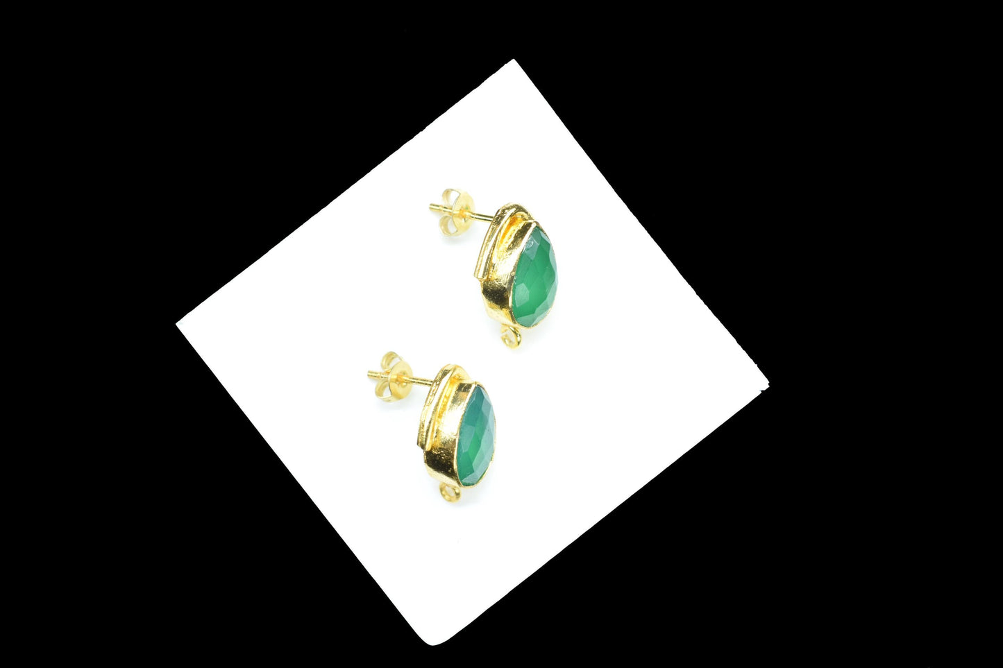 Green Onyx Studs Connector/Gold Plated Earring/Handmade Studs/Bezel Set Studs/Teardrop Earring/Women Jewelry/Onyx Connector Studs/B'day Gift