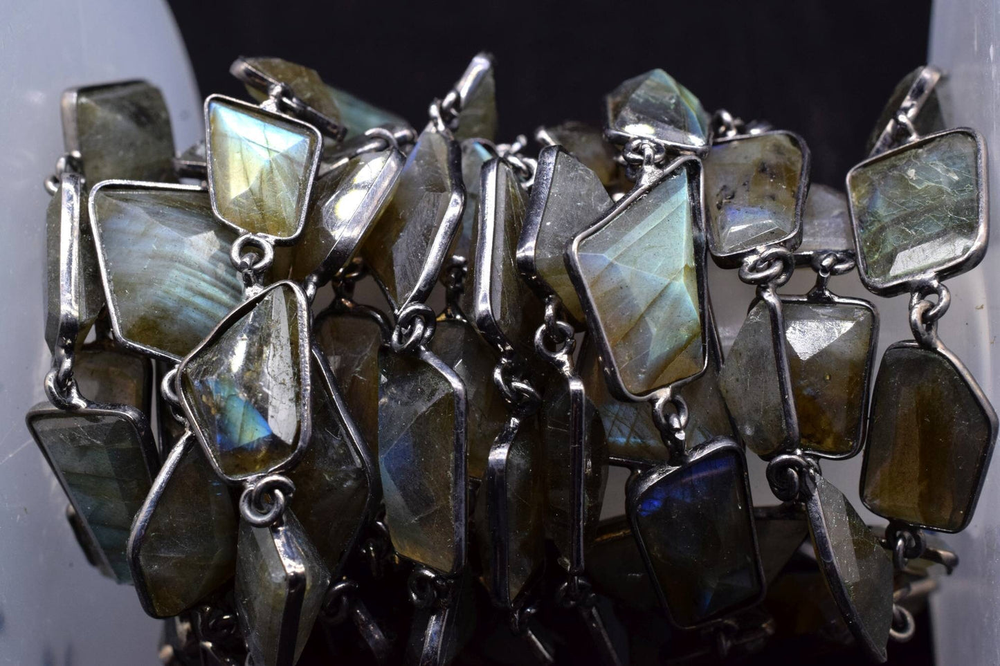 Blue Flashy Labradorite connector link Chain-Natural Labradorite Bezel Chain,Labradorite Free Shape Connector Chain,Labradorite bezeld chain
