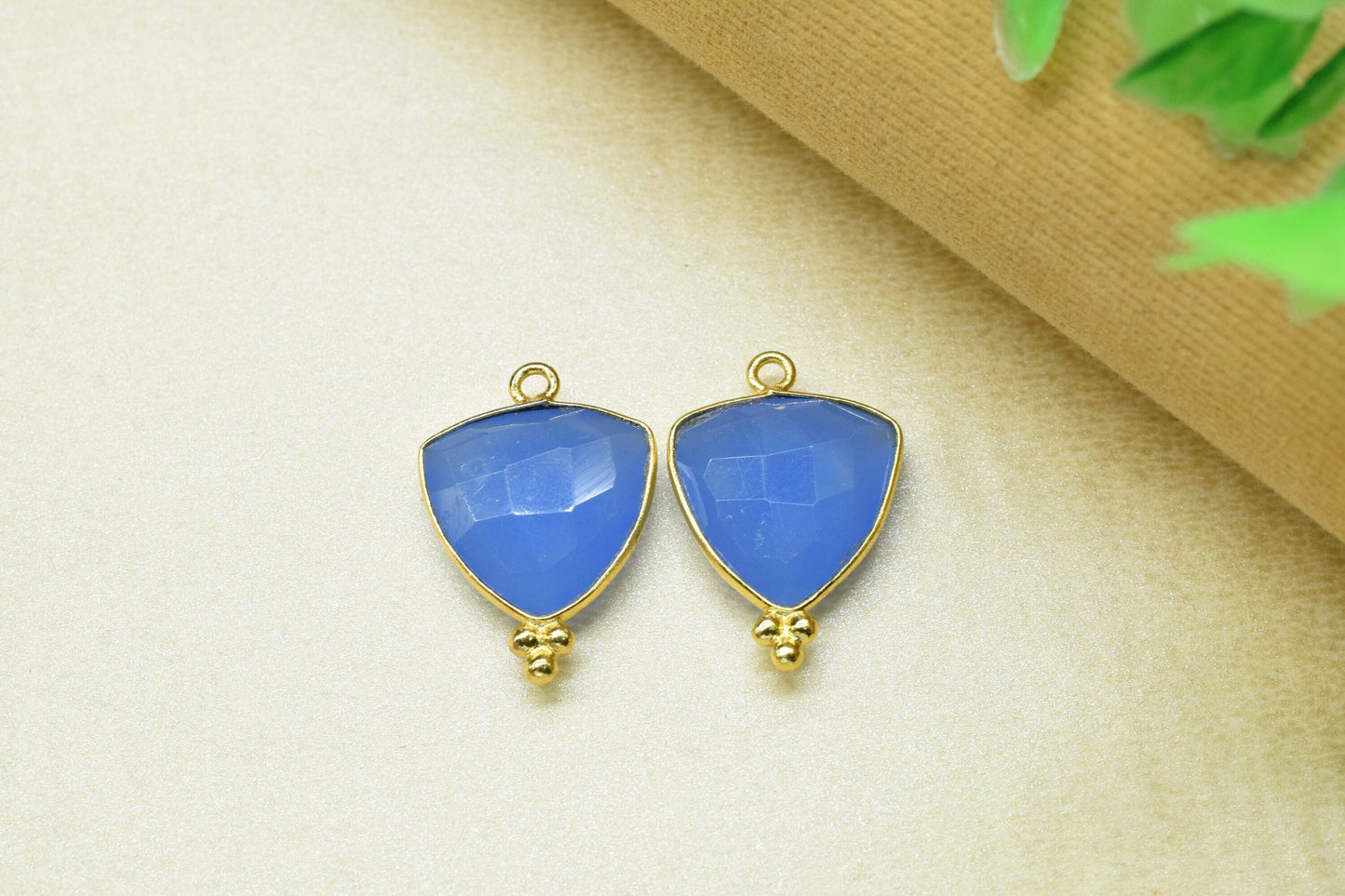 Blue Chalcedony Faceted Connector,Blue Chalcedony 15mm Trillion Shape Gold Plated Bezel Connector,Blue chalcedony Single bail component,Gift
