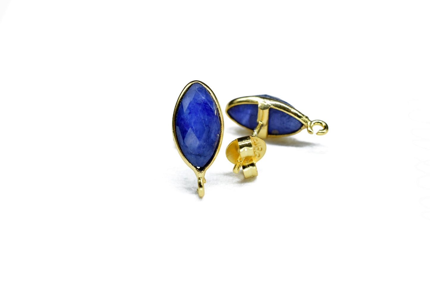 Blue Sapphire 6x12mm marquise Earring Connector,Jewelry Making,Blue Sapphire post stud,Gold Plated Earring Connector,Shape Earring Connector