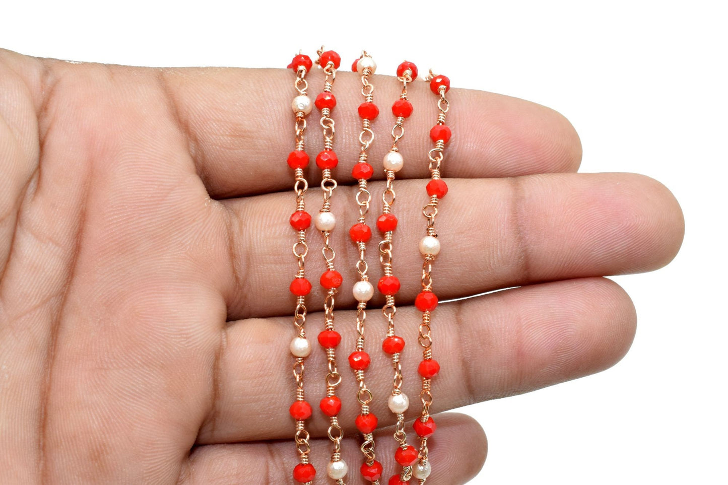 Ruby Chalcedony 3mm Beaded Chain,pearl Wire Wrapped Chain,Ruby Chalcedony Brass chain,Jewelry Making Chain,Beaded rosary chain,pearl chain