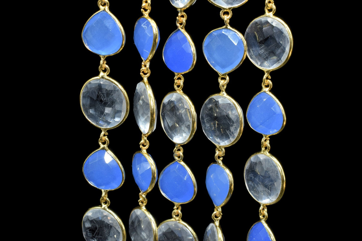 Blue chalcedony & Crystal Bezel Chain I Handmade Bezel Link Chain I Chalcedony Gold Plated Bezel Chain,,Gemstone Connector Chain Per Foot