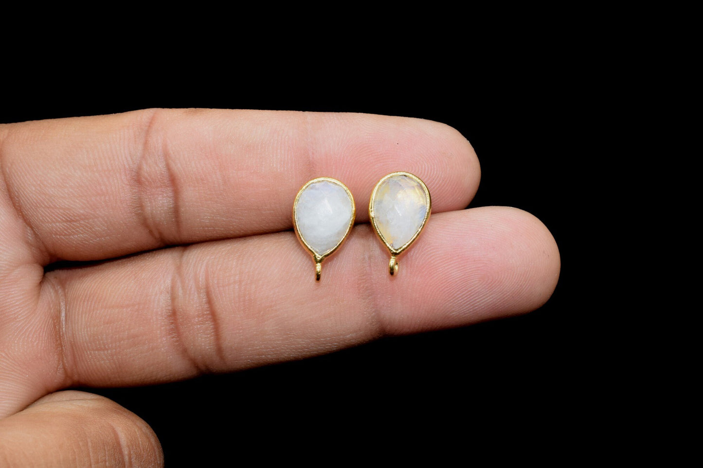 Moonstone 7x10mm Teardrop shape Earring connector Stud post setting with loop open bail,Rainbow Moonstone Gold Plated Earring With Loop