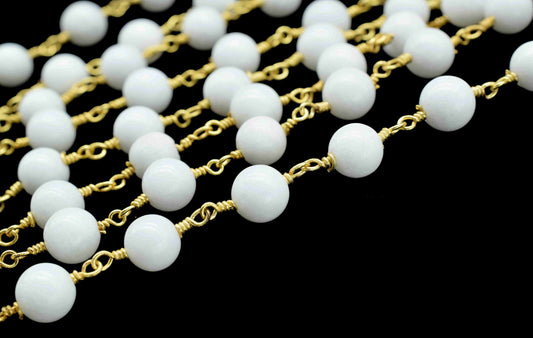 White jade Beaded Rosary Chain Jewelry,White jade Wire Wrapped Gold Plating Beads Chain,White jade Smooth Gemstone 6mm Smooth Bead Chain
