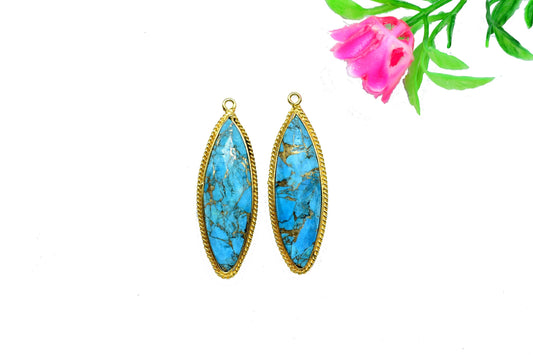 Blue Copper Turquoise 10x34mm Marquise Shape Charms Pendant,Turquoise Single Bail Pendant,Copper Turquoise Gold Plating Gemstone Charms,Gift