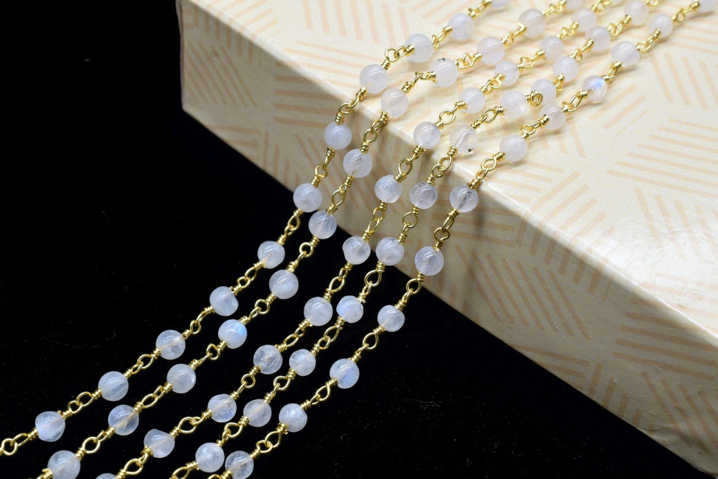 Moonstone 4mm Round Beaded Chain,Rainbow Moonstone Gold Rosary Chain,Gemstone Chains By the Foot for Rosary Necklace,Rosary Roll Bulk pirce