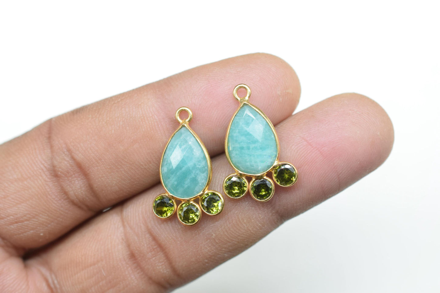 Amazonite 10x14mm Pear shape Bezel charms,Amazonite Pendant,Gemstone connector,Amazonite Charms Jewelry,Cubic zirconia Bezel charm,p011