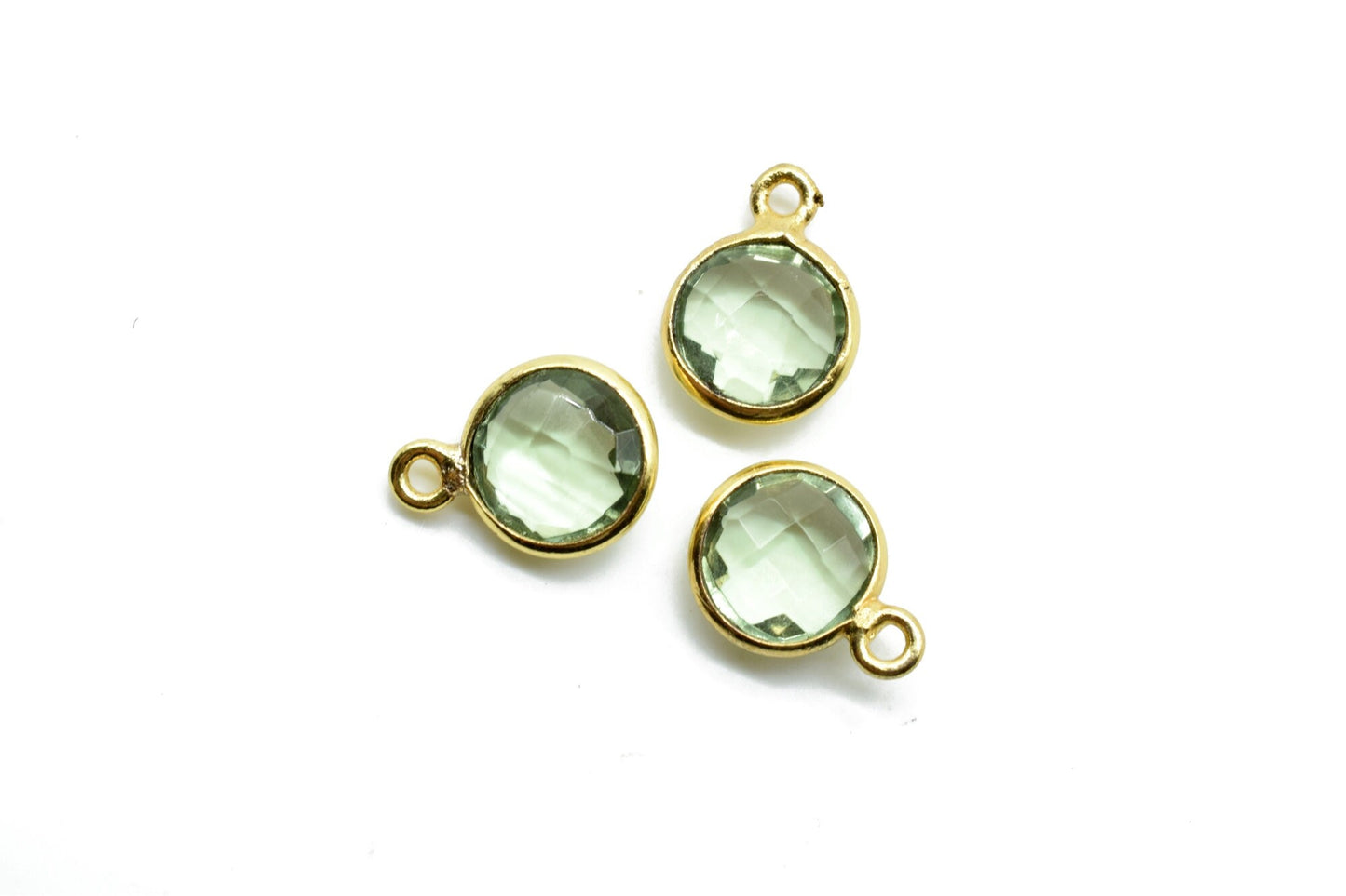 Natural Green Amethyst 8mm charm,Green Amethyst Pendant,Green Amethyst Round Gold Plated bezel,Vermeil ,jewelry making charm Brass connector