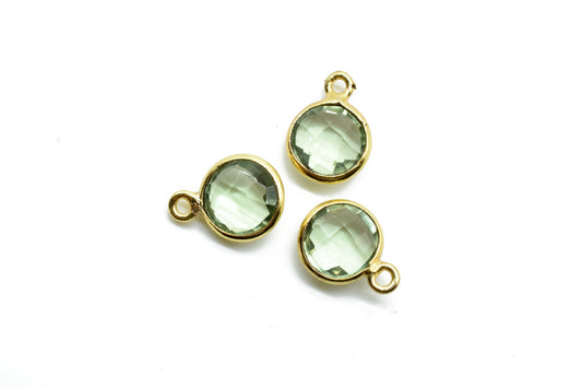Natural Green Amethyst 8mm charm,Green Amethyst Pendant,Green Amethyst Round Gold Plated bezel,Vermeil ,jewelry making charm Brass connector