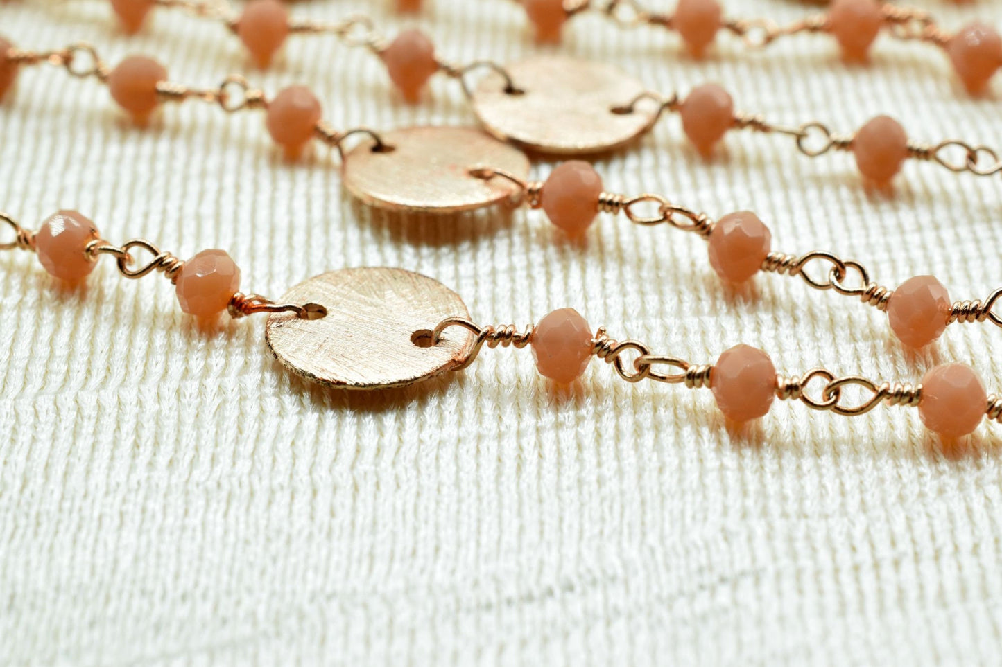 Peach Agate 3mm Beaded Chain,Peach Agate Rosary Chains,Peach Agate Gold Plating Wire Wrap Chain,Brass chain Jewelry,circle charms chain,