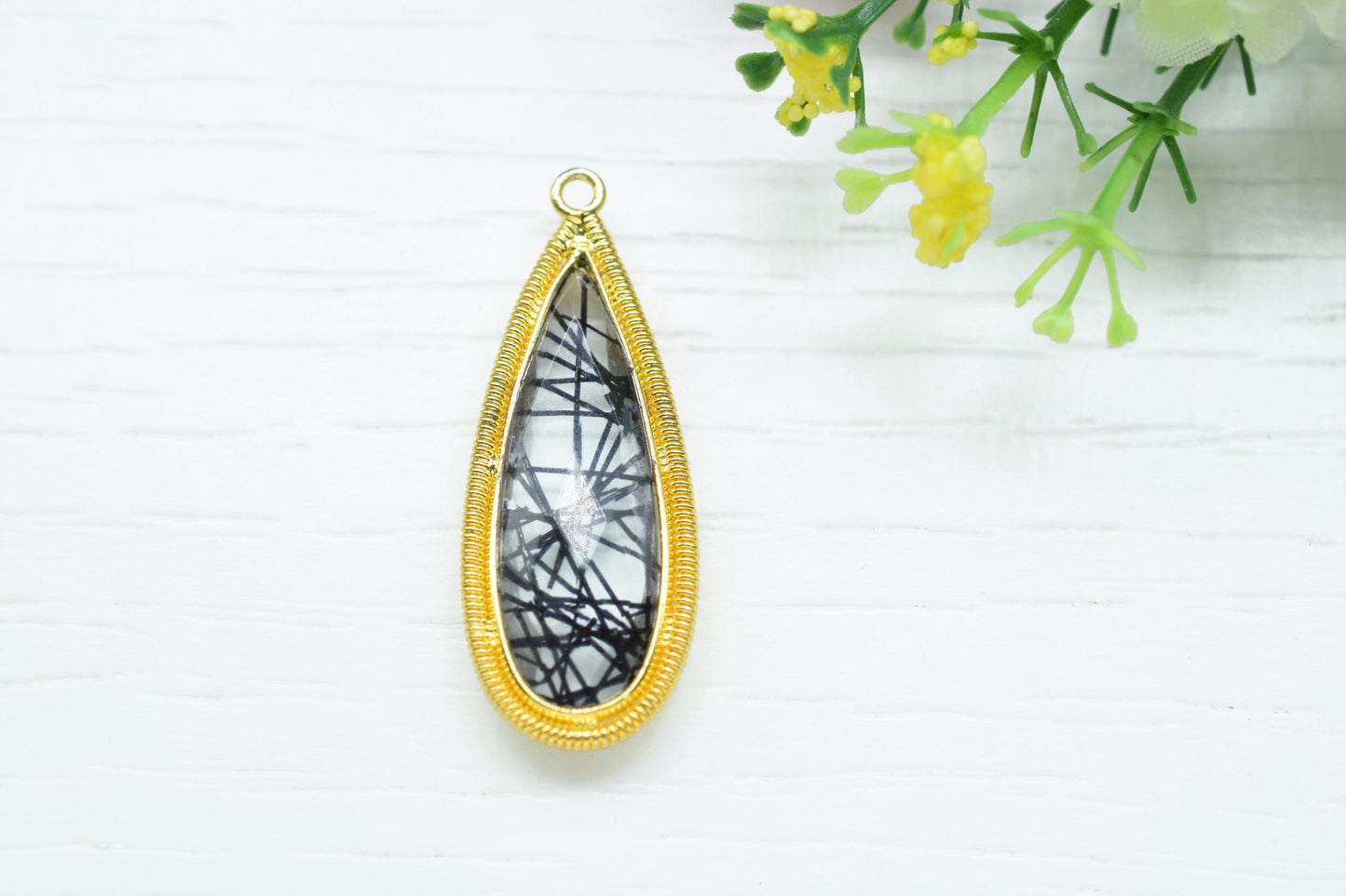 Black Rutile 10x30mm Charms,Gemstone Bezel connector,Teardrop Charms connector,Single Bail Pendant Charm,Handmade Charms,Component pendant