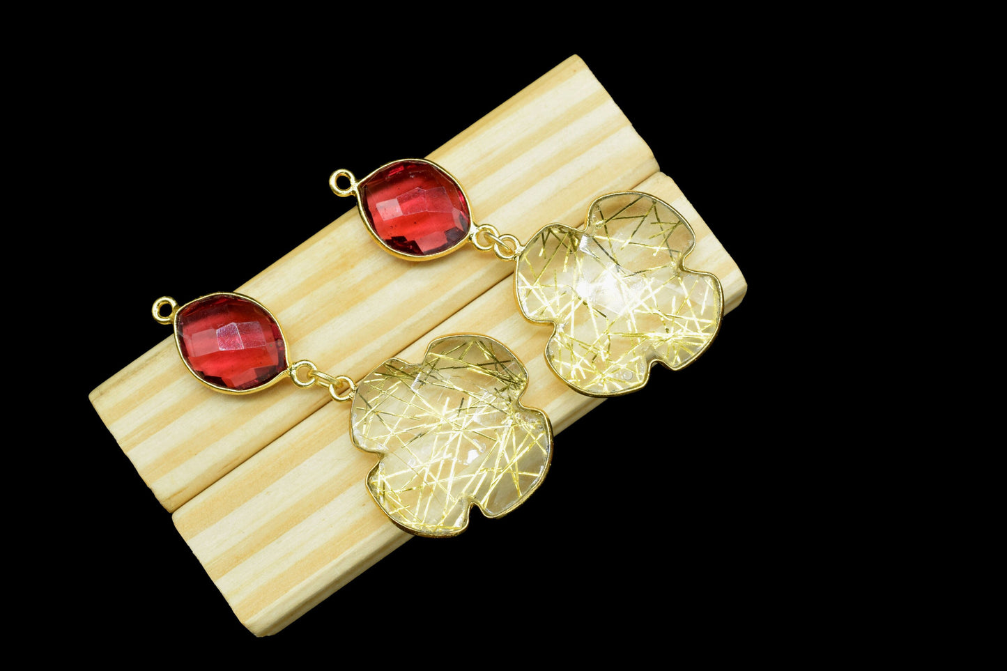 Pink Tourmaline Dangle Component pendant,Multi Stone Dangle Earring,Clover Shape Pendants,Gold Rutile pendant Charms,Gemstone Bezel pendant