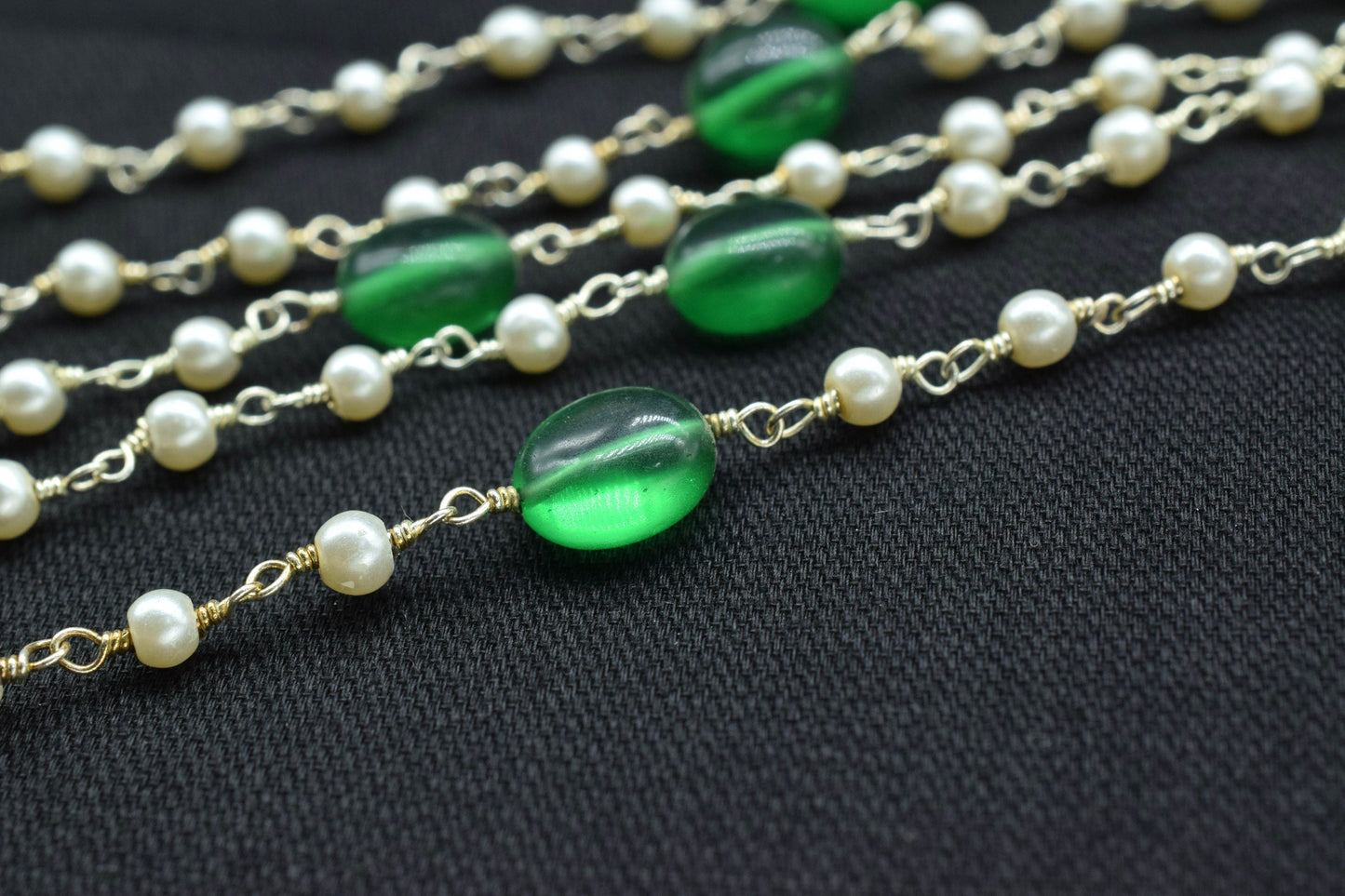 Emerald Quartz Oval Shape Rosary Chain,Pearl Beaded Rosary Chain,Finding Wire Wrap Necklace Chain,Pearl Rosary Chain,Jewelry Making Gift For