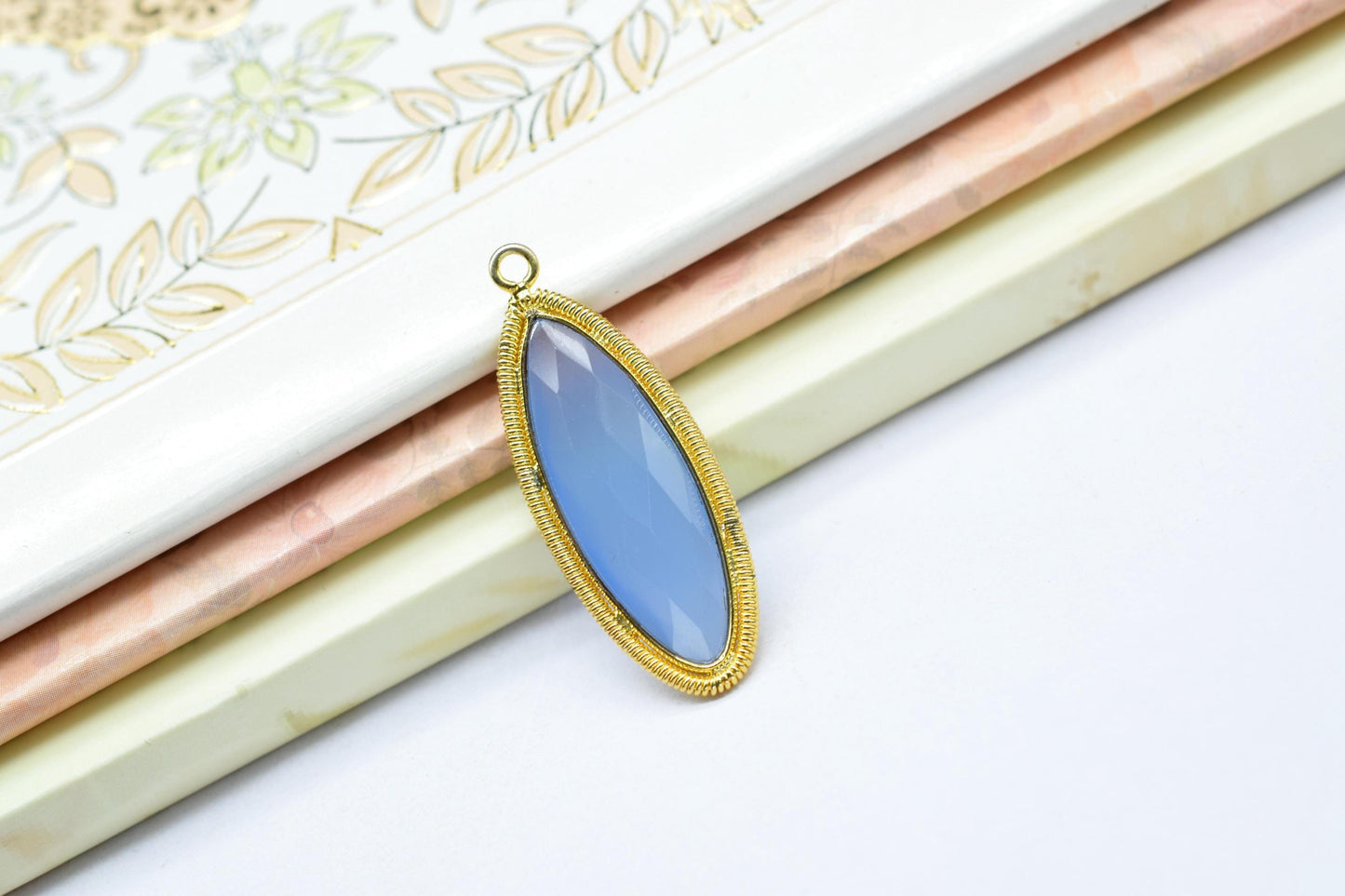Blue Chalcedony 10x30mm Bezel Charm,Gemstone connector,Marquise Shape Charm,Single Bail Pendant,Handmade Component Pendant,Bezel Jewelry