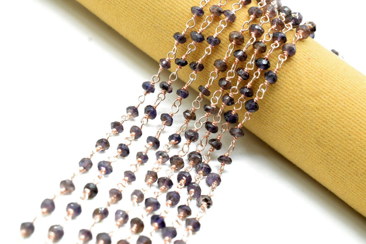 Rose Gold Plated iolite Rosary Chain,Purple Crystal Beaded Chains,3mm iolite Beaded Chain,Wholesale Price Rosary Roll,Faceted beads,